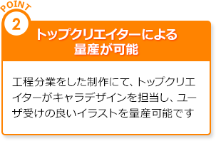 point2.トップクリエイターによる量産が可能|工程分業をした制作にて、トップクリエイターがキャラデザインを担当し、ユーザ受けの良いイラストを量産可能です